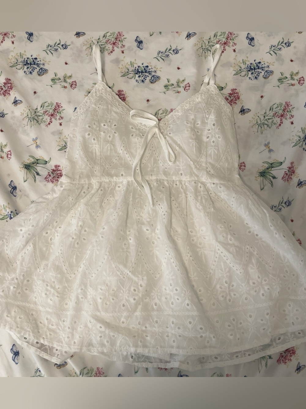 White Eyelet Tie-Front Spaghetti Strap Top